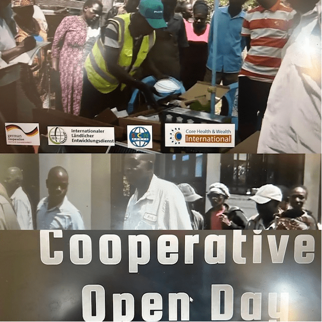 A community event showcasing cooperative services, featuring a diverse group of people, with one individual in a reflective vest handling materials, and a banner reading 'Cooperative Open Day' at the bottom.