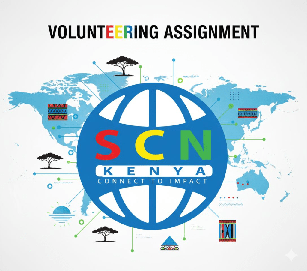 A graphic featuring the phrase 'VOLUNTEERING ASSIGNMENT' at the top, with a world map in the background. In the center is a blue globe design with the letters 'SCN' in red, yellow, and green, and the word 'KENYA' in white below it. The slogan 'CONNECT TO IMPACT' is displayed under 'KENYA'. Various cultural icons and symbols surround the globe.